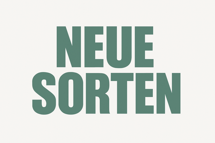 Neue Sorten Schriftart impact, hintergrund weiss, schriftfqarbe #739d8b